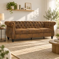 HOMCOM Divano 3 Posti Chesterfield con Seduta Ampia in Tessuto Effetto Pelle, 206x82x76 cm, Caffè(m-2)