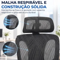 HOMCOM Cadeira de Escritório em Malha com Apoio para os Pés Encosto Reclinável Apoio Lombar Apoios de Braços e Apoio de Cabeça Ajustáveis Cinza(m-7)