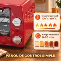 HOMCOM Mini cuptor electric 10L, 750W, cu temperatură reglabilă și timer, 36,5x26x22 cm, roșu(m-7)