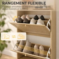 HOMCOM Porte-Manteau 2 en 1, Meuble d'Entrée avec Meuble à Chaussures, Portes Effet Rotin et 8 Crochets, Bois Naturel(m-6)