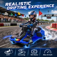 HOMCOM 12V Kids Electric Go Kart, Ride on Drift Car with 2 Speeds, Soft Start, Music, Colourful LED Lights for Ages 8-12, Blue(m-4)