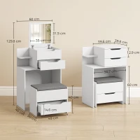 HOMCOM Kaptafel met spiegel en kruk, opklapbare spiegel, make-uptafel met lades, wit(m-3)