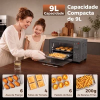 HOMCOM Mini Forno Elétrico 9 L de Bancada 750 W com Temperatura Ajustável e Temporizador, 35x24,6x20 cm, Cinzento(m-6)