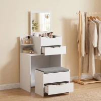 HOMCOM Kaptafel met spiegel en kruk, opklapbare spiegel, make-uptafel met lades, wit(m-9)
