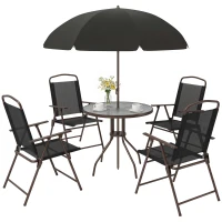 Outsunny Ensemble Salon de Jardin 6 pcs - Table Ronde + 4 chaises Pliables + Parasol - Acier époxy café textilène Polyester Noir(m-1)