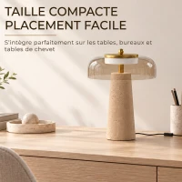 HOMCOM Lampe de Table Vintage avec Abat-Jour en Verre et Base en Travertin, Lampe de Chevet Rétro, Lumière Chaude 3000 K, Ambre(m-6)