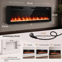 HOMCOM Șemineu electric 173 cm, 3 în 1, ultrasubțire 8,3 cm, cu telecomandă, 900/1800 W, timer, negru(m-3)