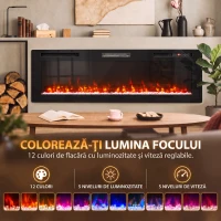 HOMCOM Șemineu electric 173 cm, 3 în 1, ultrasubțire 8,3 cm, cu telecomandă, 900/1800 W, timer, negru(m-5)