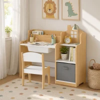 AIYAPLAY Escritorio Infantil con Silla con Caja de Tela Cajón 2 Compartimentos Estantes para Estudiar Dibujar 3-8 Años Natural(m-9)