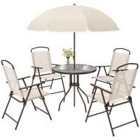 Outsunny Ensemble Salon de Jardin 6 pcs - Table Ronde + 4 chaises Pliables + Parasol - Acier époxy café textilène Polyester Beige(m-1)