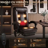 HOMCOM Scaun de Birou cu Masaj, Căldură, 6 Vibrații, Spătar Înalt Reclinabil, Maro(m-4)