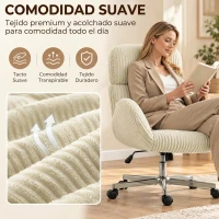 HOMCOM Silla de Oficina con Reposabrazos Respaldo Alto Reposacabezas Regulable Ruedas Altura Ajustable Giratoria Crema(m-6)