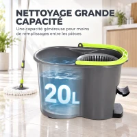 HOMCOM Balai Serpillière et Seau avec Essoreur, Balai Rond à 2 Compartiments, Réservoir 20 L, Tête Rotative à 360°, Gris Foncé(m-5)