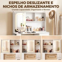 HOMCOM Toucador de Maquilhagem com Espelho Deslizante Luzes LED de 3 Cores Gaveta 4 Compartimentos Porta e 3 Prateleiras Abertas Branco(m-6)