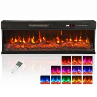 HOMCOM Șemineu electric de podea/încastrabil, 3 laturi, cu telecomandă, 750/1500W, efect flacără 3D, 12 culori, 5 niveluri de luminozitate(m-12)
