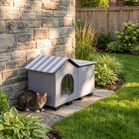 PawHut Outdoor Cat House, Weather Resistant Feral Cat Cave with Elevated Base and Cushion for Winter, Grey(m-8)