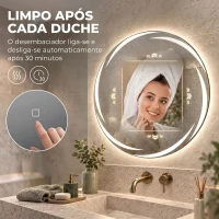 HOMCOM Espelho Redondo LED para Casa de Banho 60x60 cm de Parede com Antiembaciamento Memória 3 Temperaturas de Cor e Brilho Regulável(m-6)