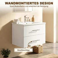 HOMCOM Wastafelonderkast voor wandmontage, badkameronderkast met keramische wastafel, 60 cm, wit(m-6)
