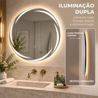 HOMCOM Espelho Redondo LED para Casa de Banho 60x60 cm de Parede com Antiembaciamento Memória 3 Temperaturas de Cor e Brilho Regulável(m-4)