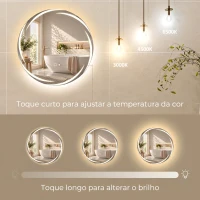 HOMCOM Espelho Redondo LED para Casa de Banho 60x60 cm de Parede com Antiembaciamento Memória 3 Temperaturas de Cor e Brilho Regulável(m-5)