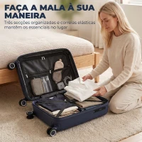 HOMCOM Mala de Cabine 18" Leve e Rígida com USB Fechadura TSA e 4 Rodas Duplas Giratórias Azul(m-5)