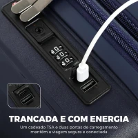 HOMCOM Mala de Cabine 18" Leve e Rígida com USB Fechadura TSA e 4 Rodas Duplas Giratórias Azul(m-6)