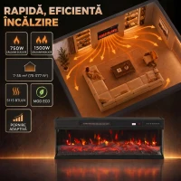 HOMCOM Șemineu Electric de Podea/Încastrabil, 3 Laturi, cu Telecomandă, 750/1500W, Efect Flacără 3D 12 Culori, 5 Niveluri de Luminozitate(m-5)