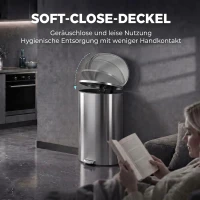 HOMCOM Mülleimer mit Soft-Close Deckel Treteimer mit Herausnehmbarem Inneneimer 30L Silber(m-4)