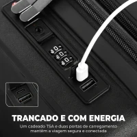 HOMCOM Mala de Cabine 18'' Leve e Rígida com Porta USB Fecho TSA e 4 Rodas Duplas 360° Preta(m-6)