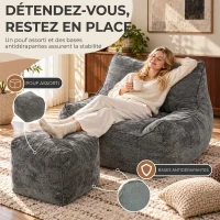HOMCOM Pouf Salon Adulte avec Repose-Pieds, Fauteuil de Sol 1 Place Compressé en Chenille, avec Dossier, Accoudoirs, Gris(m-5)