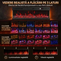 HOMCOM Șemineu Electric de Podea/Încastrabil, 3 Laturi, cu Telecomandă, 750/1500W, Efect Flacără 3D 12 Culori, 5 Niveluri de Luminozitate(m-4)