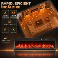 HOMCOM Șemineu electric de podea/încorporabil, pe 3 laturi, cu telecomandă, 750/1500 W, efect flacără 3D, 12 culori, 5 niveluri de luminozitate(m-5)