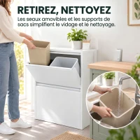 HOMCOM Meuble Poubelle de Tri Sélectif 60 L (4 x 15 L), 4 Compartiments, Fermeture Amortie, Seaux Intérieurs Amovibles, Blanc(m-7)