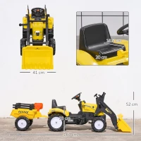 HOMCOM Excavator cu pedale pentru copii de la 3 ani, cu cupă frontală, remorcă și 6 roți, galben(m-3)