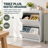 HOMCOM Meuble Poubelle de Tri Sélectif 60 L (4 x 15 L), 4 Compartiments, Fermeture Amortie, Seaux Intérieurs Amovibles, Blanc(m-4)