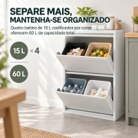 HOMCOM Caixote do Lixo de Reciclagem 4x15 L (60 L), 4 Compartimentos Estreitos em Aço, Fecho Suave, Branco(m-4)