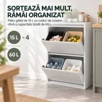HOMCOM Coș rabatabil pentru colectare selectivă 4x15L din oțel, 4 găleți detașabile, închidere amortizată, alb(m-4)
