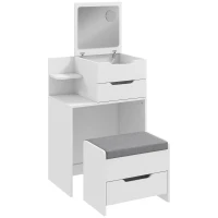 HOMCOM Vanity Desk Flip Top Hidden Mirror Vanity Rolling Stool Open Shelf White Wood Effect(m-1)