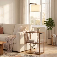 HOMCOM Dimmable Floor Lamp with Shelves, Charging Station, 3-Tier Storage Table, Adjustable Fabric Lampshade, Rustic Brown(m-14)