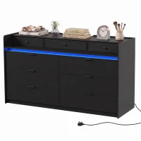 HOMCOM Chest of Drawers for Bedroom with LED Light & Charging Station, 9 Drawers Storage Unit/TV Stand, Black(m-15)