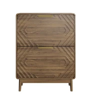 Mid-Century Walnut Shoe Storage Cabinet with 2 Flip Drawers, Freestanding Shoe Cabinet for Entry Hallway, 60L x 24W x 95H cm, Walnut(m-12)