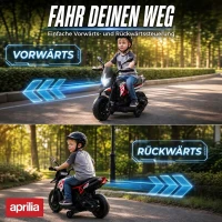 AIYAPLAY Elektryczny motocykl dziecięcy APRILIA 6 V z akumulatorem litowym 25 W silnik ograniczenie skrętu 30° odłączane kółka pomocnicze(m-5)