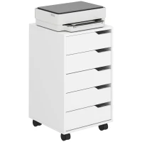 HOMCOM Caisson Bureau Mobile avec 5 Tiroirs, Meuble Rangement Bureau sur Roulettes pour Documents et Imprimante, Blanc(m-16)