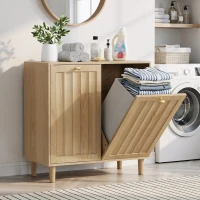 Slanted Laundry Cabinet with 2 Removable Inner Baskets, Freestanding Storage Unit for Bathroom and Laundry, 69.5L x 35W x 70.5H cm, Oak(m-9)