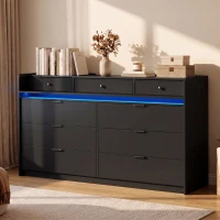 HOMCOM Chest of Drawers for Bedroom with LED Light & Charging Station, 9 Drawers Storage Unit/TV Stand, Black(m-14)