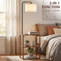 HOMCOM Dimmable Floor Lamp with Shelves, Charging Station, 3-Tier Storage Table, Adjustable Fabric Lampshade, Rustic Brown(m-4)