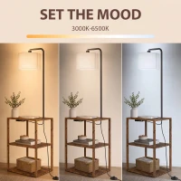 HOMCOM Dimmable Floor Lamp with Shelves, Charging Station, 3-Tier Storage Table, Adjustable Fabric Lampshade, Rustic Brown(m-6)