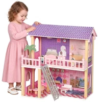 AIYAPLAY Groot poppenhuis, 69 cm hoog, 2 verdiepingen, met 2 poppen, 11 meubels, trap en balkon, roze, voor meisjes van 3-6 jaar(m-15)