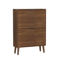 Farmhouse Walnut Shoe Storage Cabinet with 2 Flip Drawers, Slim Fence Shoe Cabinet for Corridor Entrance, 60L x 24W x 98H cm, Walnut(m-2)