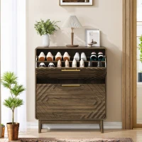 Warm Walnut Shoe Storage Cabinet with 2 Flip-Top Drawers, Mid-Century Freestanding Shoe Cabinet for Entry Hallway, 80L x 24W x 95H cm, Walnut(m-1)